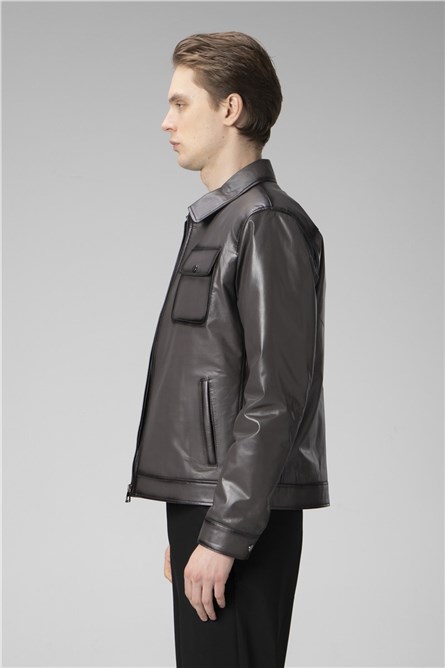 Men's Genuine Leather Jacket WM218 - Dark Gray #358189