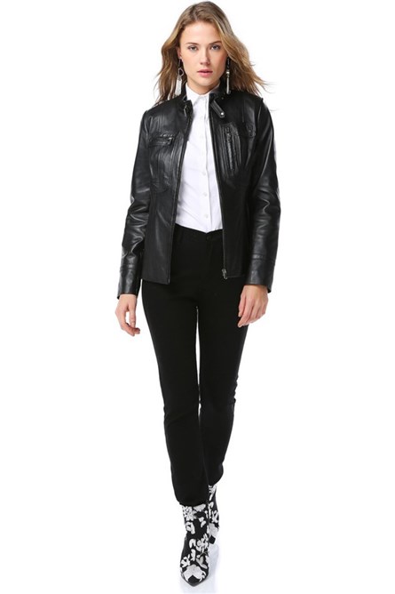 Women's Real Leather Jacket - Black #319364
