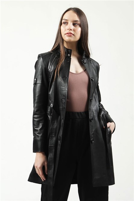 Women's Real Leather Coat - Black #318015