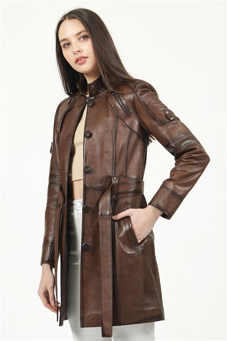 Women's Real Leather Coat - Brown #318016