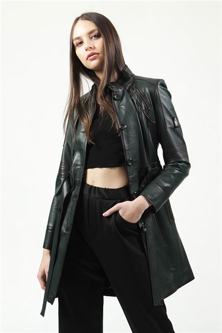 Women's Real Leather Coat - Dark Green #318018