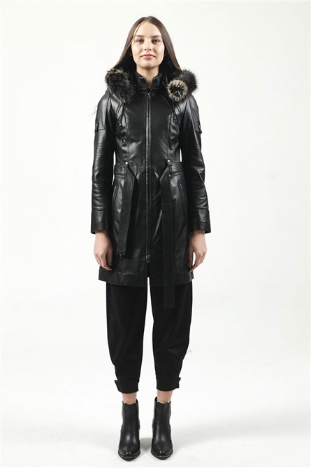 Women's Real Leather Coat - Black #318011
