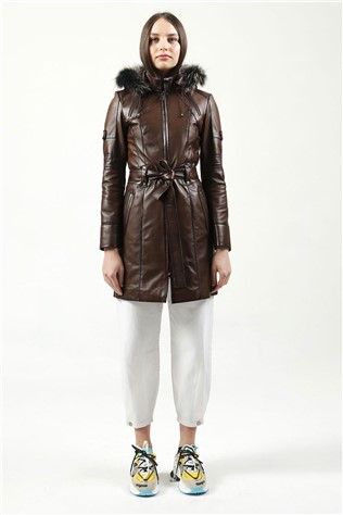 Women's Real Leather Coat - Brown #318020