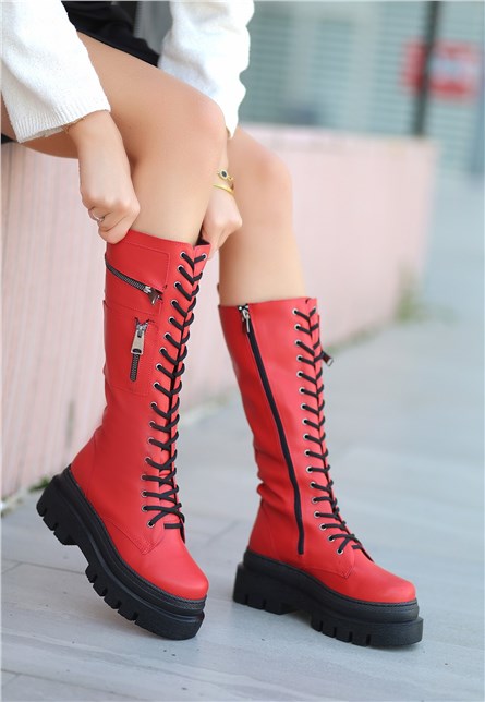 Women's Lace Up Zip Up Boots - Red #412950