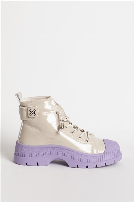 GUJA Women's Patent Leather Boots 348 - Light Beige with Purple #361597