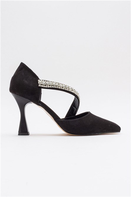 Women's Suede Elegant Heeled Shoes - Black #385455
