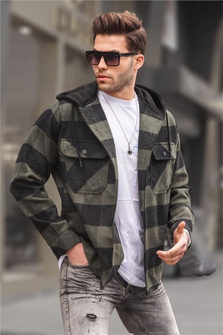 Men's Plaid Hooded Shirt 5584 - Khaki #369456