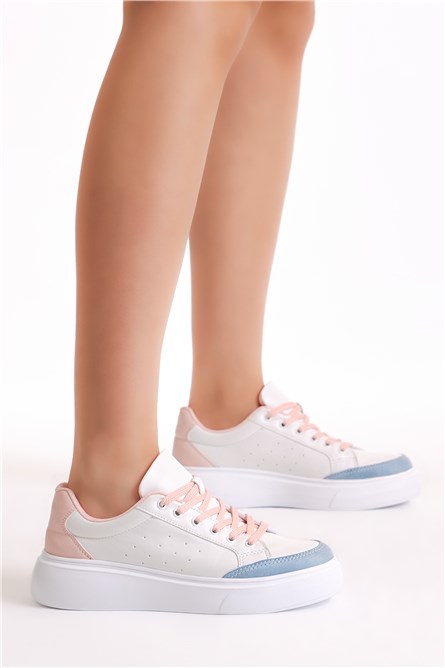 Women's Lace Up Sports Shoes - White with Powder #399064