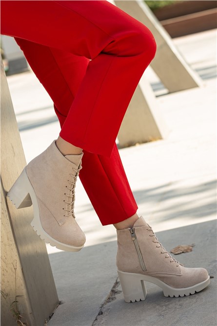 Women's Suede Lace Up High Heel Boots - Beige #363860