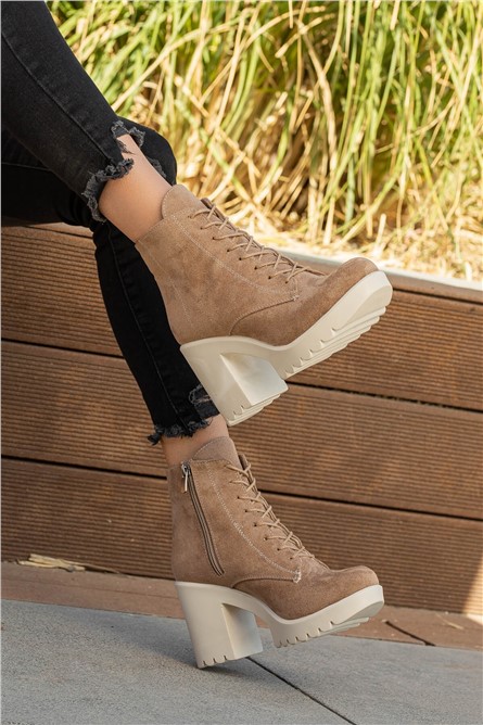 Women's Suede Lace Up High Heel Boots - Beige #363859