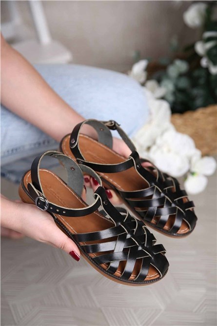Modatrend Women's Leather Sandals - Black #307828