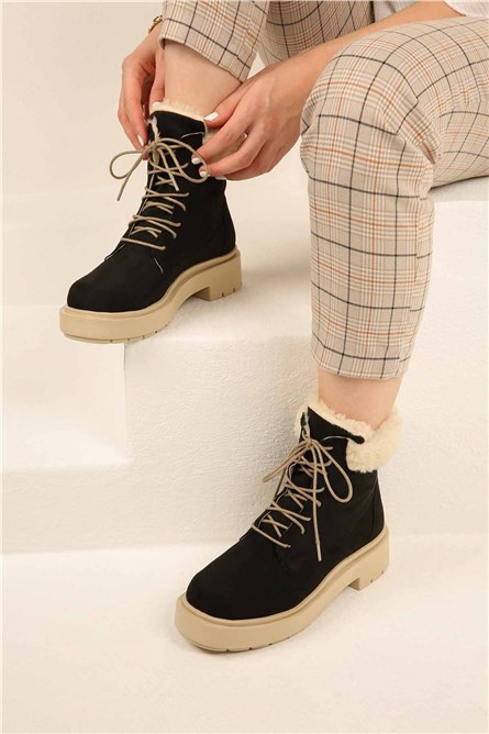 Women's suede boots with astrakhan - Black #321888