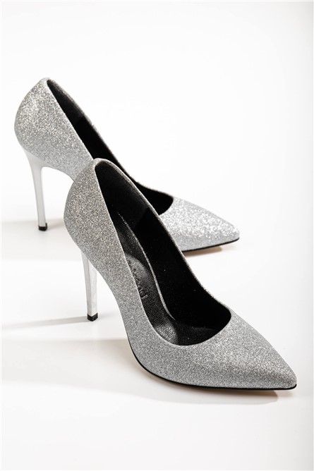 Women's Elegant Brocade High Heel Shoes - Silver #365449
