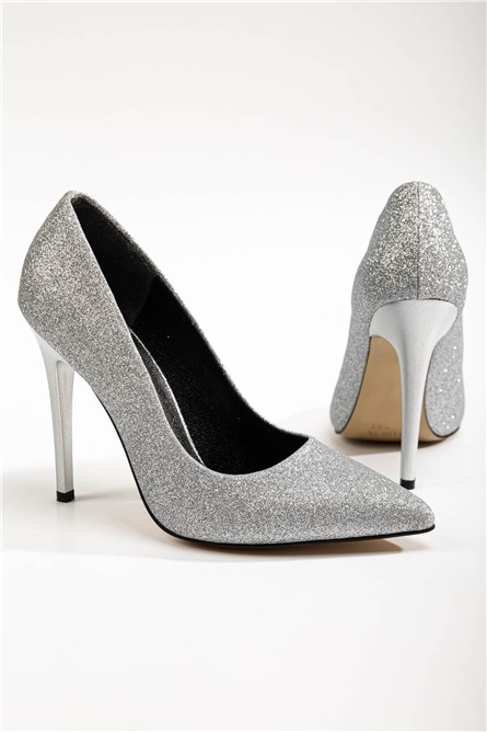 Women's Elegant Brocade High Heel Shoes - Silver #365449