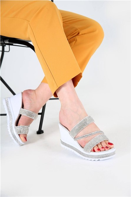 Дамски чехли с цяла подметка - Сиво-Бели #328015