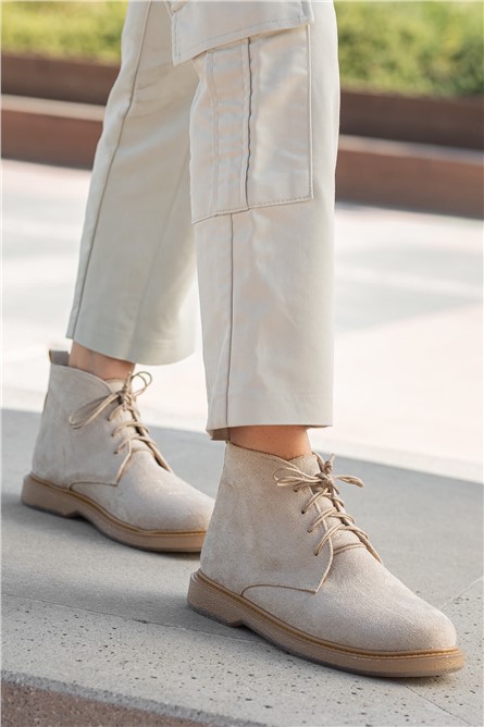 Women's Lace Up Suede Boots - Beige #363882