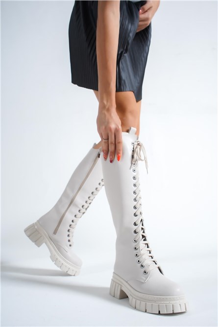 Women's Lace Up Boots - Light Beige #384786