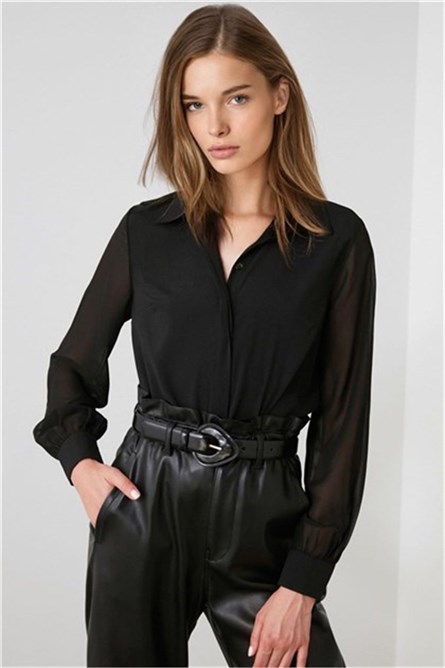Дамска сатенена риза - Черна 303556