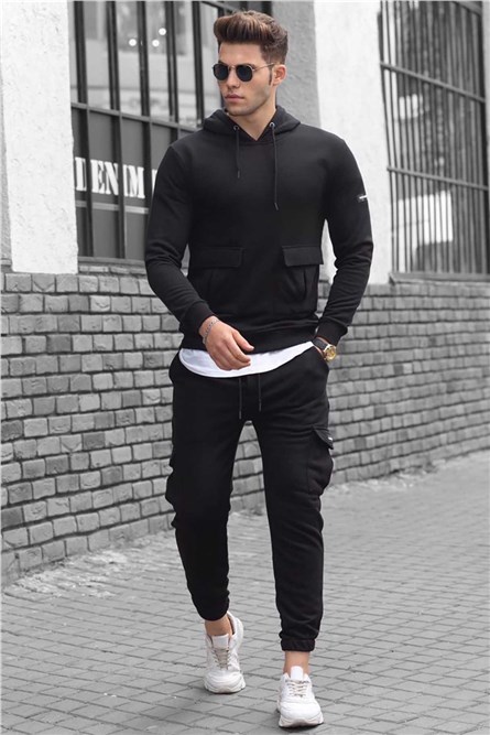 Madmext Men's Hooded Tracksuit with Pockets - Black #289474
