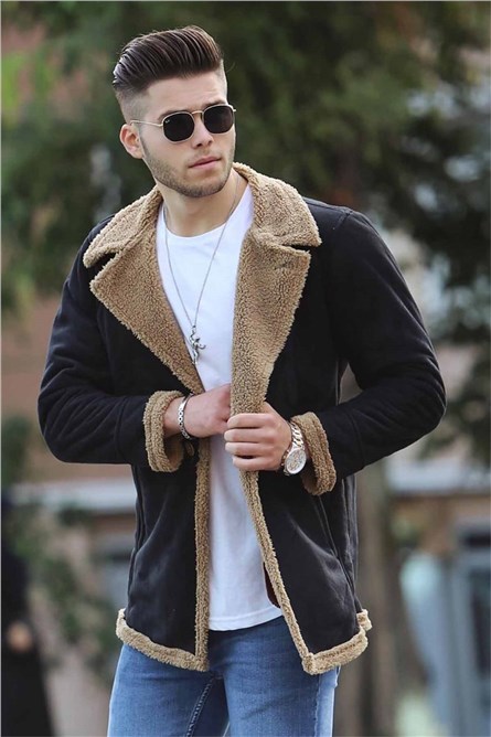 Madmext Men's Shearling Coat - Black #286812