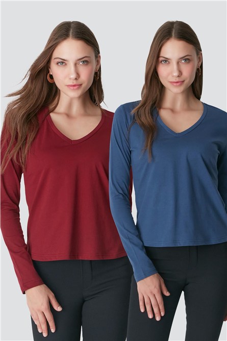 V-Neck Long Sleeve 2-Pack Basic T-Shirt 954  #451394