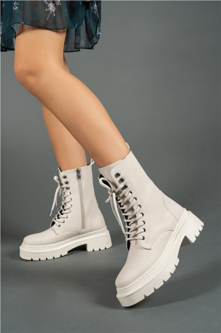 Women's Zip Up Boots 0012299 - Beige #358277