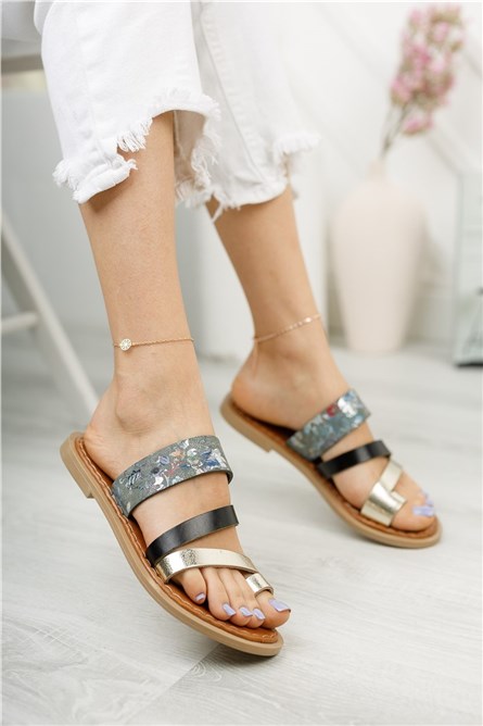 Women's slippers of genuine leather 0012081 - Black with Gray # 325870