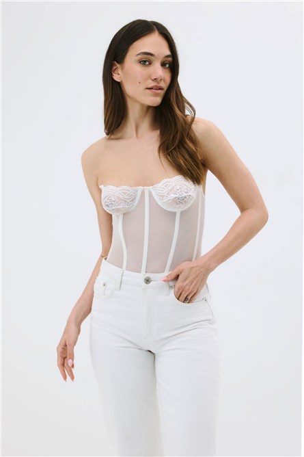 Sheer Lace Strapless Bustier - Sexy Floral Lace Corset Top - Style 6003  #452104