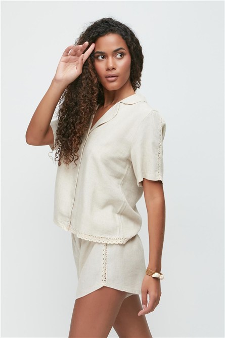 Linen Lace Detail Short Sleeve Shirt and Shorts Set 9145  #451263