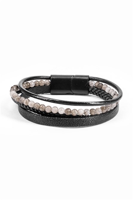 Мъжки комплект гривни от естествена кожа и декоративни мъниста - Черен  20230901020