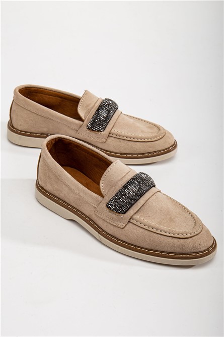 Дамски велурени лоуфъри с декоративни камъчета - Бежови #367277