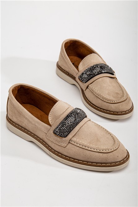 Women's Suede Loafers with Rhinestones - Beige #367277