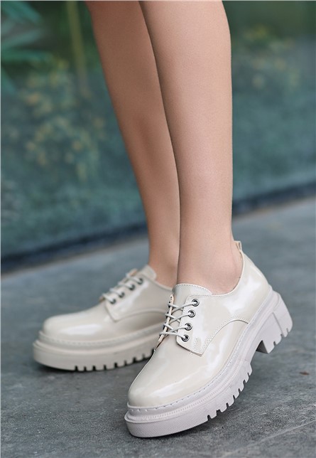 Women's Patent Leather Lace Up Shoes - Light Beige #382245