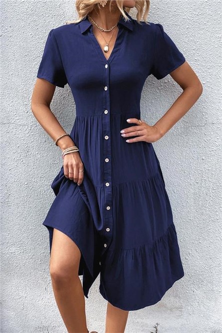 Women's Button Up Long Dress MG1853 - Navy Blue #395300