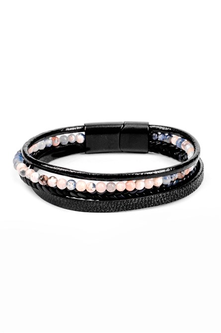 Men's Set of 3 Leather and stone bracelets - Black and Brown 20230901016