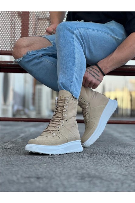 Men's Lace Up Suede Boots WG012 - Beige with White #364974