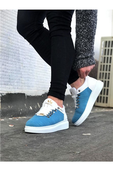 Wagoon Men's Casual Lace Up Shoes WG047 - White with Blue #371299