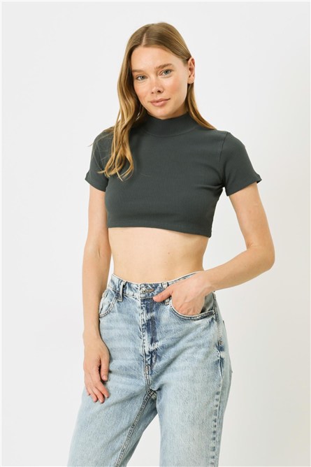 Women's Short Sleeve Crew Neck Crop Ribbed Blouse 922  #451542