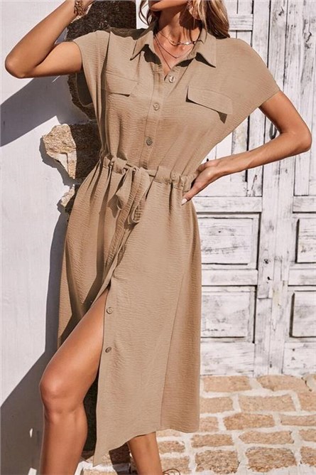 Women's Button Down Dress MG1743 - Beige #394797