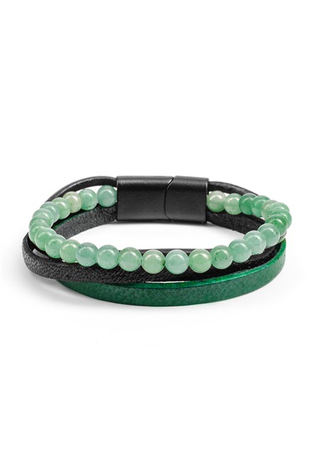 Men's Set of 3 Leather and stone bracelet - Black and Green 20230901021