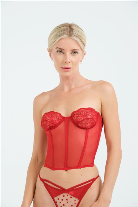 C&City Transparan Fantezi Dantelli Straplez Bustiyer 6003 Kırmızı  #450851