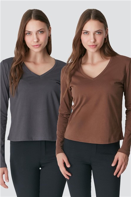 V-Neck Long Sleeve 2-Pack Basic T-Shirt 954  #451393